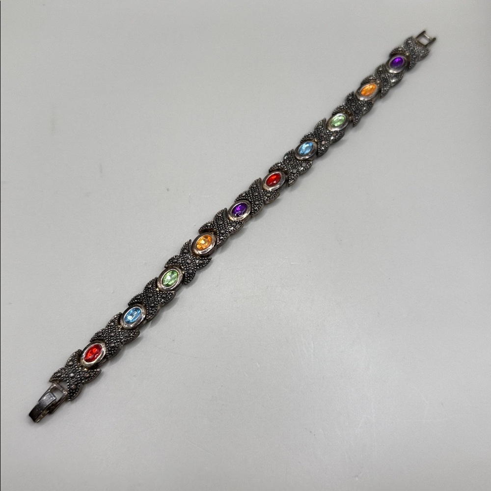 Vintage Silver Tone Multicolored Chain Link Bangle Cuff Statement Bracelet